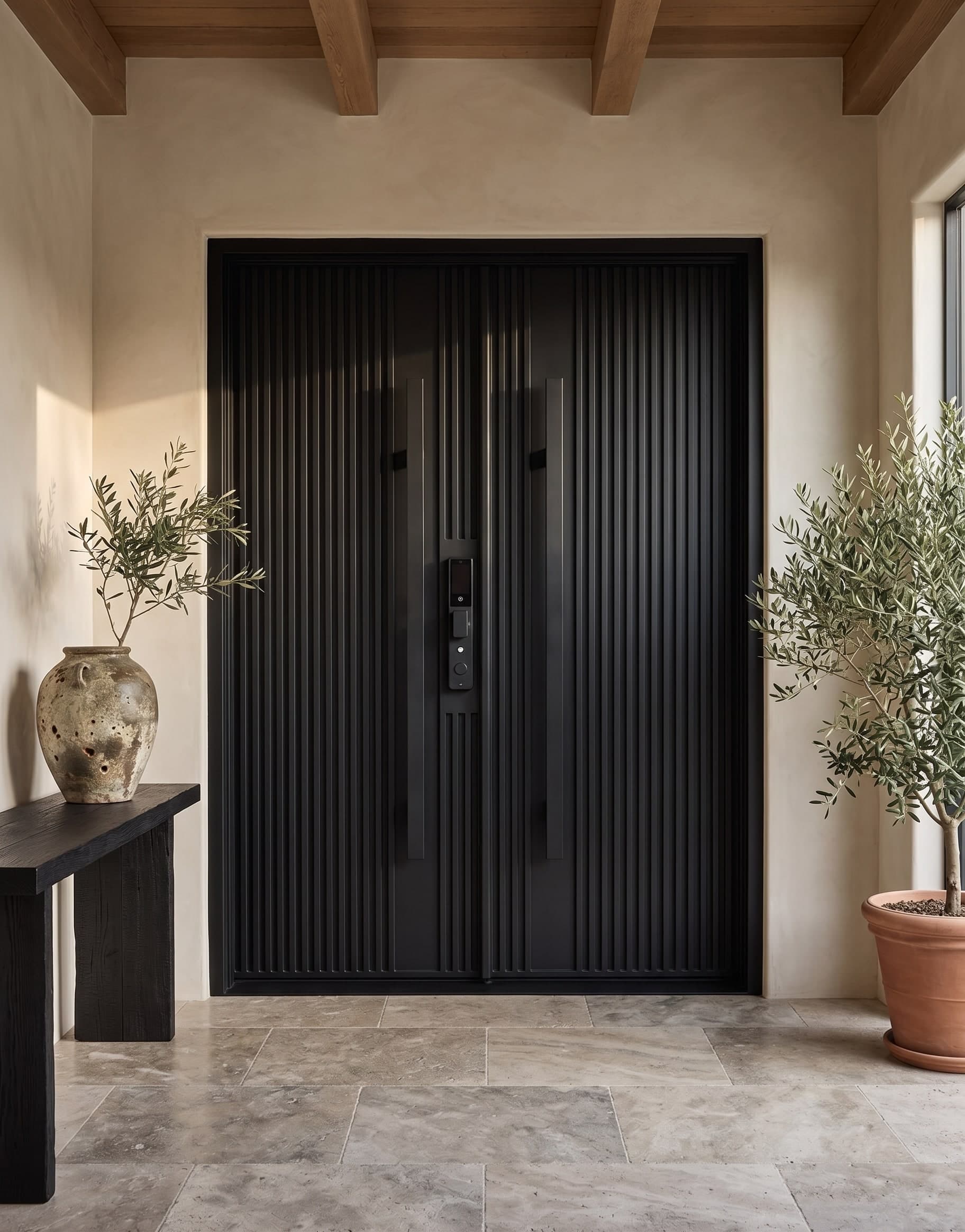 Entrance — matte-black fluted wrought-iron double door on a travertine forecourt with olive trees