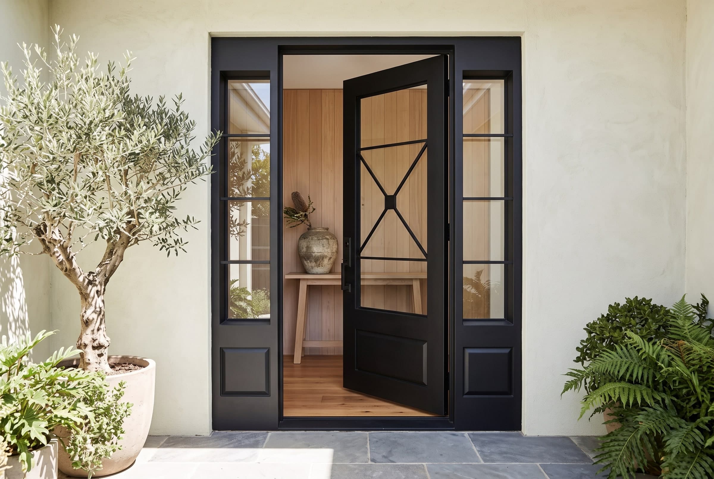 Modern entrance — matte-black wrought-iron door with a crossed-panel design, framed by olive trees and ferns