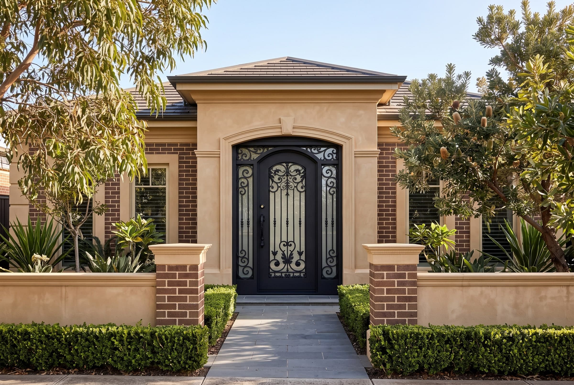 Heritage entrance — arched matte-black wrought-iron scrollwork door set into a brick facade