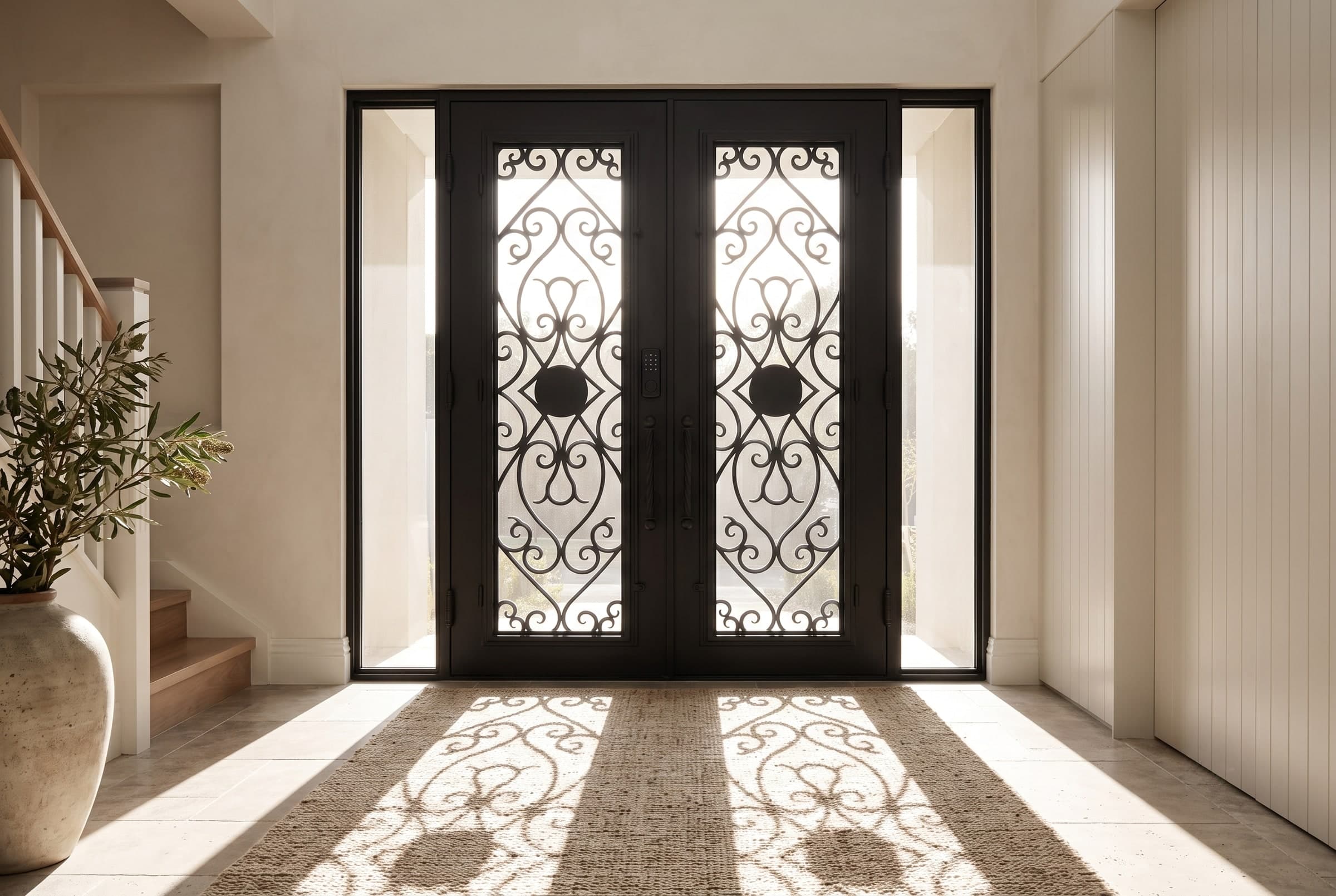 Sunlit entry foyer with a matte-black wrought-iron scrollwork door and a patterned rug