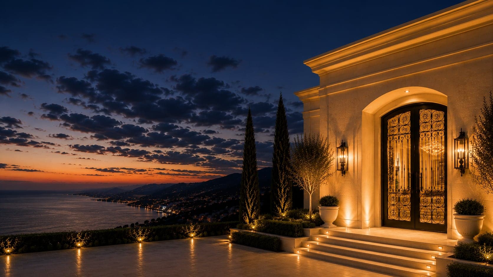 Wrought & Co entrance door at twilight
