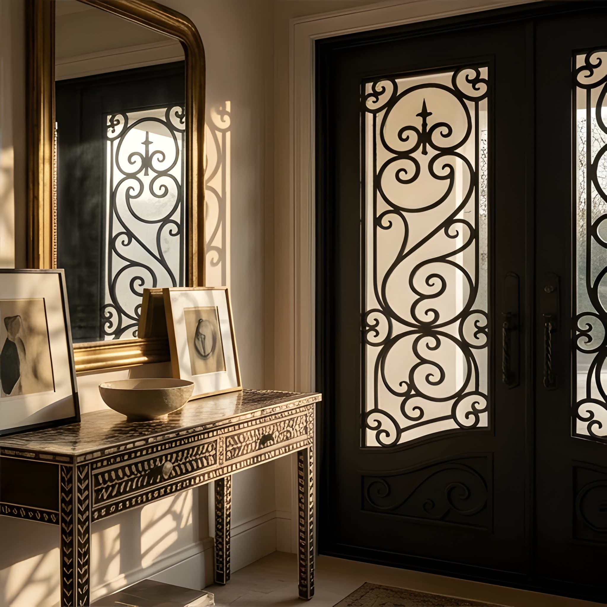 Entry hallway with an ornate wrought-iron door panel beside a gilt-framed mirror, warm evening light