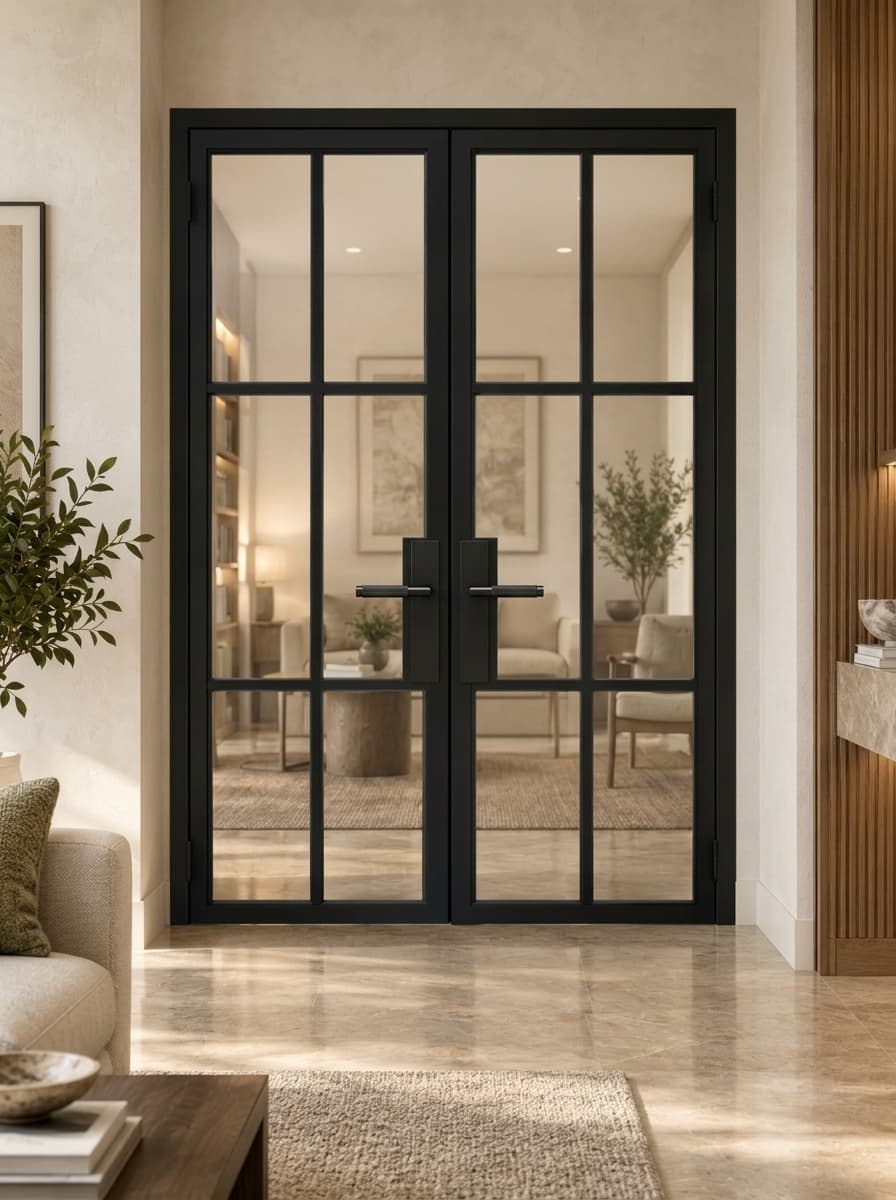 Solis series — matte-black flat-top architectural wrought-iron double door in refined contemporary residential interior