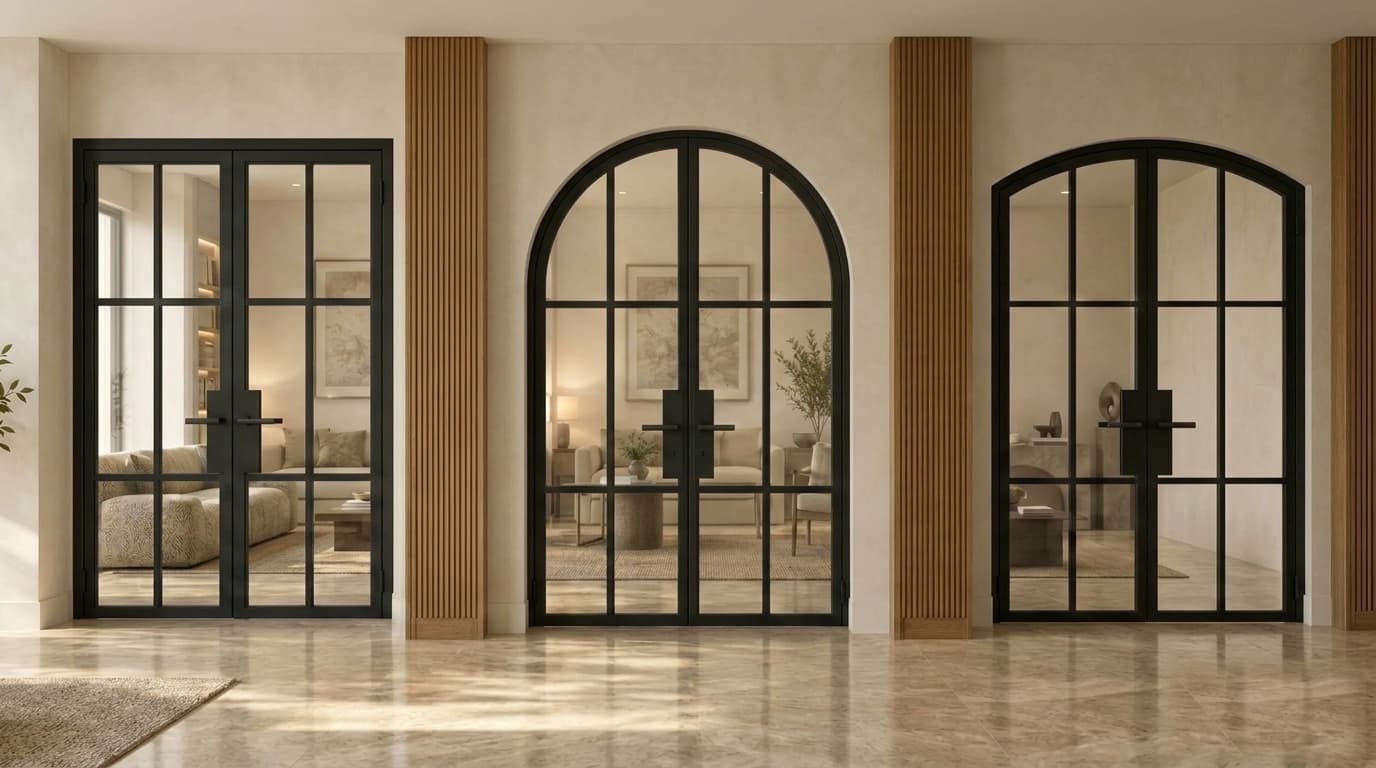 TORAVÉ master collection — bespoke architectural wrought-iron doors showcasing Solis (Flat Top), Aurora (Arched Top), and Celeste (Curved Top) in a luxury interior gallery