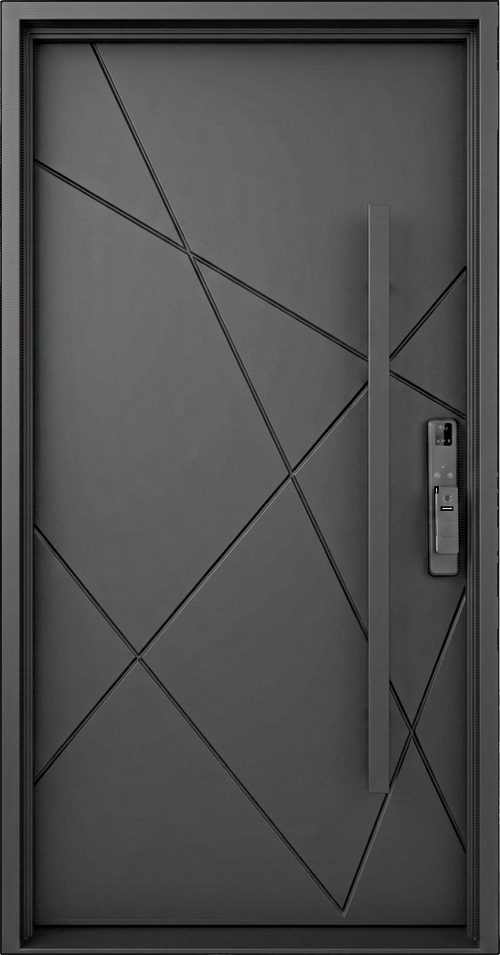 Matte-black steel entrance door with an abstract geometric line pattern and a slim vertical bar handle