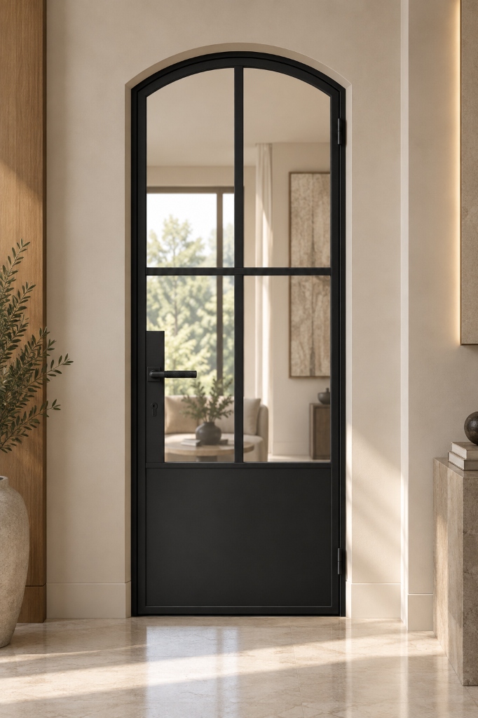 TORAVÉ Aurora — 4-Lite Glass with Solid Lower Panel Arched Top Single Door
