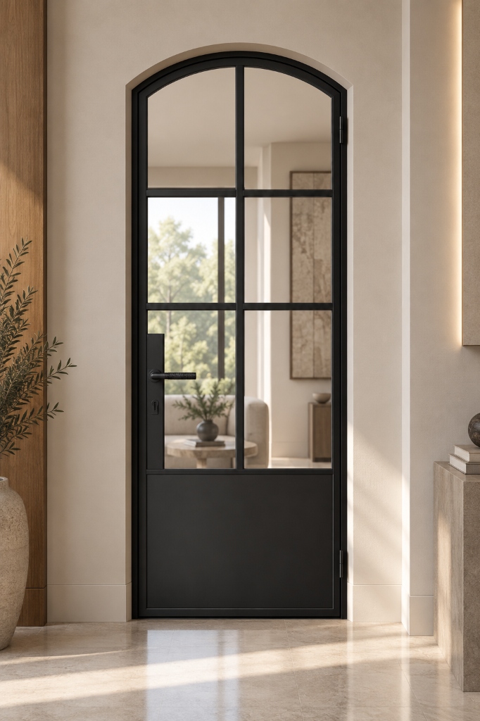 TORAVÉ Aurora — 6-Lite Glass with Solid Lower Panel Arched Top Single Door