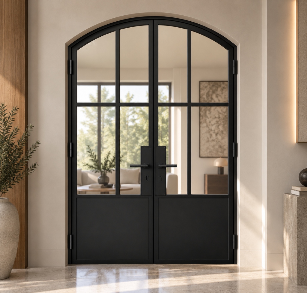 TORAVÉ Aurora — 4-Lite Glass with Solid Lower Panel Arched Top Double Door