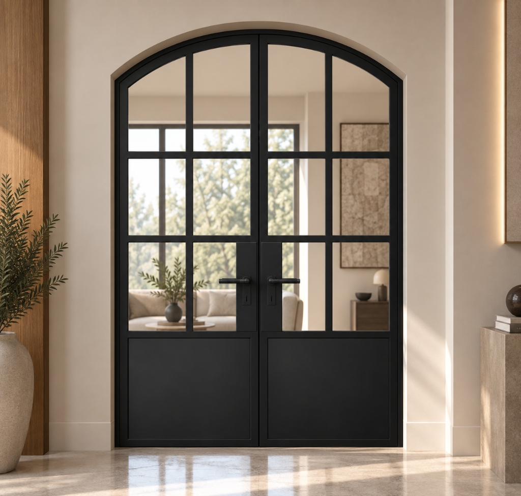 TORAVÉ Aurora — 6-Lite Glass with Solid Lower Panel Arched Top Double Door