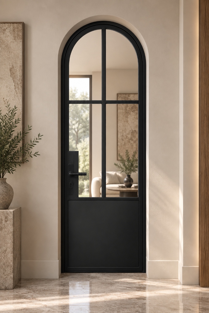 TORAVÉ Celeste — 4-Lite Glass with Solid Lower Panel Curved Top Single Door