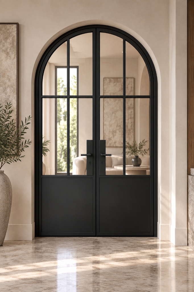 TORAVÉ Celeste — 4-Lite Glass with Solid Lower Panel Curved Top Double Door