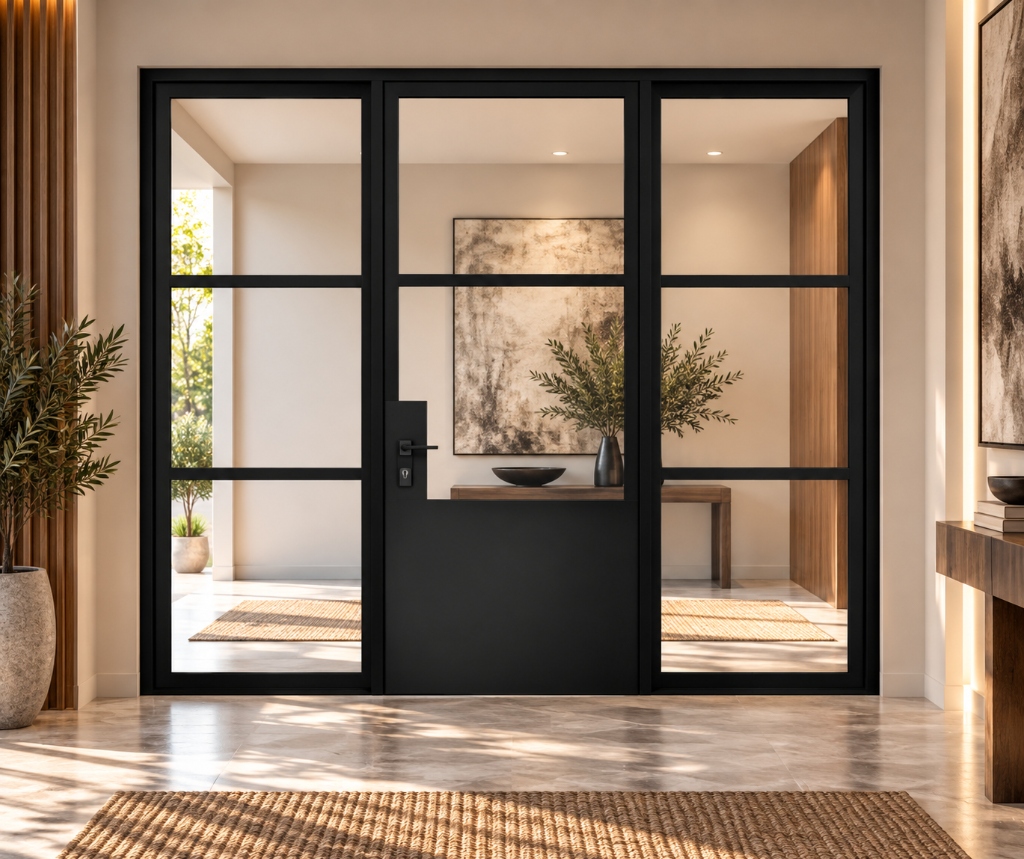 TORAVÉ Solis — 3-Lite Glass Single Door with Solid Lower Panel and Two Side Panels