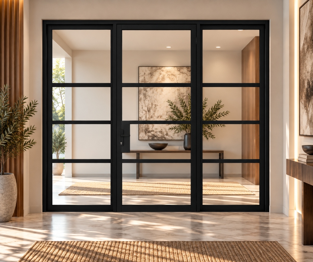 TORAVÉ Solis — 4-Lite Glass Single Door with Two Side Panels