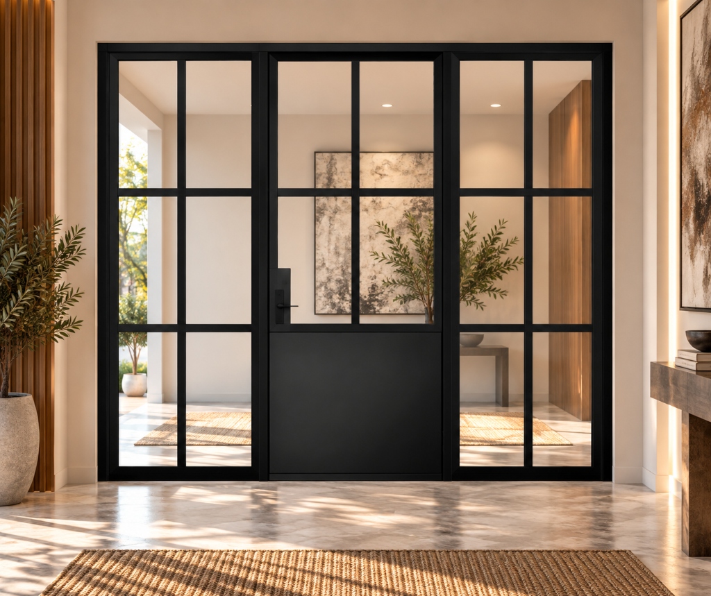 TORAVÉ Solis — 4-Lite Glass Single Door with Solid Lower Panel and Two Side Panels