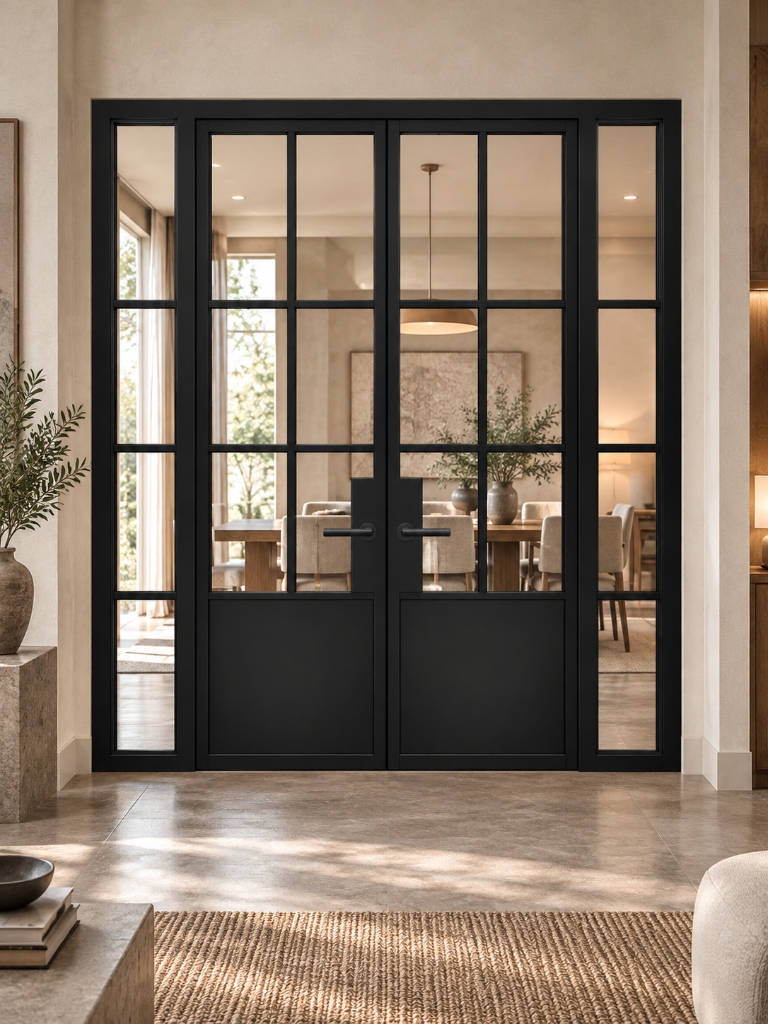 TORAVÉ Solis — 6-Lite Glass Double Door with Solid Lower Panel and Side Panels